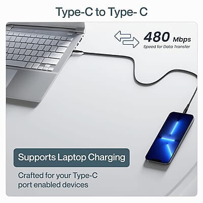 Ambrane 100W Type-C To Type-C Fast Charging Cable Compatible With iPhone 15,Samsung,Oneplus,Google Pixel,Laptop,Macbook&Type C Devices,480Mbps Data Sync,Braided Cable,1.5M Length(Abcc-100