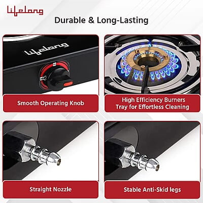 Lifelong LLGS201 Open Single Burner Glass Gas Stove , Manual Ignition, Black