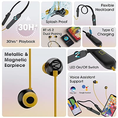 Zebronics Yoga N2 RGB Neckband with 30H Playtime, ENC Mic, Upto 50ms Gaming Mode, Powerful Bass, Voice Asst, IPX4, Dual Pairing, Type C Port, Bluetooth v5.2 Wireless in Ear Earphones with Mic