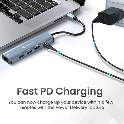 Portronics Mport 51 5-in-1 Type C HUB with RJ 45 Ethernet Port, 5Gbps Data Transfer, HDMI Port, USB 3.0, PD Quick Charge, 4K Ultra HD Data Quality (Grey) Portronics Mport 51 5-in-1 Type C HUB with RJ 45 Ethernet Port, 5Gbps Data Transfer, HDMI Port, USB 3.0, PD Quick Charge, 4K Ultra HD Data Quality (Grey)
