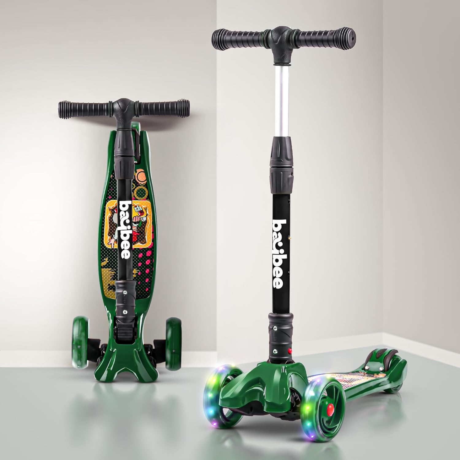 Baybee Flash Scooter for Kids with Foldable & Height Adjustable Handle- Green