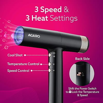 AGARO Bldc Professional Hair Dryer 2000 Watts,110000 Rpm,Fast Drying,3 Speed 3 Temperature Settings