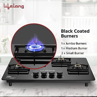 Lifelong 4 Gas Burner Top - 4 Burners Hob Top Gas Stove with Automatic Ignition - Toughened Glass top