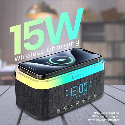 Portronics Trifusion 16W HD Sound Bluetooth Speaker with 15W Wireless Charging, 360°RGB LED Lights, Digital Clock with Alarm Setting, Built-in White Noise, USB/SD Card/AUX in, Type C Charging(Black) Portronics Trifusion 16W HD Sound Bluetooth Speaker with 15W Wireless Charging, 360°RGB LED Lights, Digital Clock with Alarm Setting, Built-in White Noise, USB/SD Card/AUX in, Type C Charging(Black)