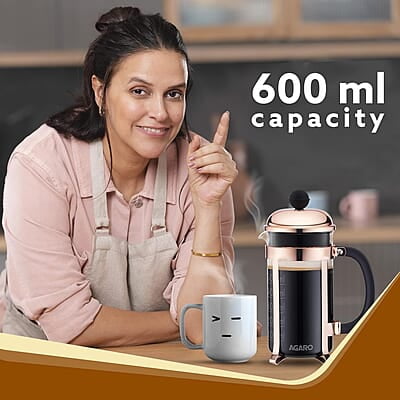 AGARO Royal French Press Coffee And Tea Maker, Borosilicate Glass Body With Sleeves, Glass Carafe, BPA Free Plastic Lid Strainer, 600Ml