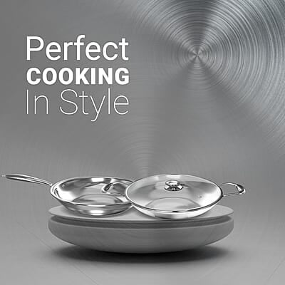Preethi Metallica Collection Triply Stainless Steel set, 26 cm Kadai with Glass Lid, 26 cm Fry Pan, Gas & Induction Compatible