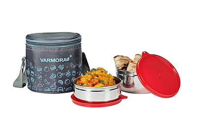 Varmora SS Executive Printed Assorted Stainless Steel Tiffin Lunch Box for Office Set of 2 Containers (390 ml and 520 ml)