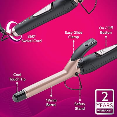 AGARO HC7001 Hair Curler with 19MM Barrel, Rod, Tong, Tourmaline Infused Ceramic Coated Plates