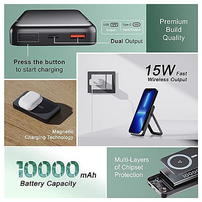 Ambrane 10000mAh Magnetic Wireless Power Bank with Stand, 15W Wireless Fast Charging, Compact 22.5W PD Wired Charger, Compatible with iPhone 12/13/14/15 & Other Wireless Devices