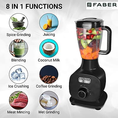 Faber Candy 1000W 8-in-1 Mixer Grinder,3 SS+1 PC jar,lockable lids dual fan technology,upto 23000 rpm