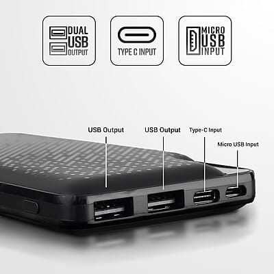 ZEBRONICS ME53 Power Bank, 10000 mAh, 10W, Dual USB Output, Type C & Micro USB Input, Built in Protections, Percentage LED Display, Included USB to Type C Cable