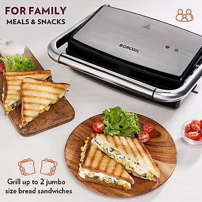 Borosil Jumbo Grill Sandwich Maker, 1500W, Non-Stick Grilling Plate, 180ᶿ Open Flexibility, Make 4 Sandwiches Borosil Jumbo Grill Sandwich Maker, 1500W, Non-Stick Grilling Plate, 180ᶿ Open Flexibility, Make 4 Sandwiches