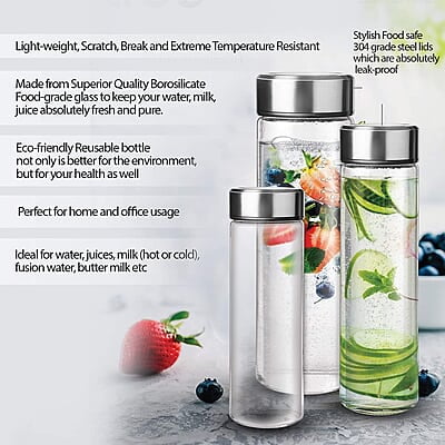 Treo by Milton Borosilicate Crysta Glass Bottle, 1000 ml, Glaze Steel