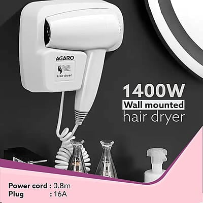 AGARO HD1417 Wall Mounted Hair Dryer 1400W, Electric Wall Mount Hair Dryer
