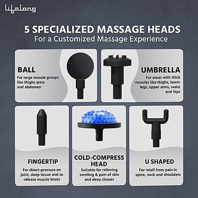 Lifelong Gun Massager for Pain Relief with Cold Compression & 99 Speed Settings - Rechargeable, 5 Massage Heads, 3 Modes for Full Body Deep Tissue Percussion Massage