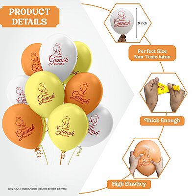 Happy Ganesh Chaturthi Balloons, Ganesh Chaturthi decorations at mandap/ home Pack of 30 multicolor Metallic yellow, metallic orange metallic white balloons-181133