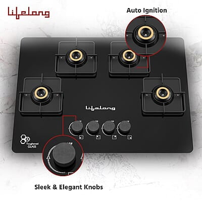 Lifelong 4 Gas Burner Top - 4 Burners Hob Top Gas Stove with Automatic Ignition - Toughened Glass top
