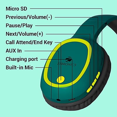 ZEBRONICS Thunder Bluetooth 5.3 Wireless Over ear Headphones with 60H Backup, Gaming Mode, Dual Pairing, ENC, AUX, Micro SD, Voice Assistant, Comfortable Earcups, Call Function