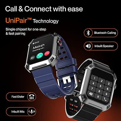 Ambrane 1.85" Uni Pair BT Calling Smartwatch, Rugged & Sporty Metal Body, 10 Days Battery, 500 NITS, 100+ Sports Mode with IP68, Sp02 Tracking, 100+ Watch Faces Stud