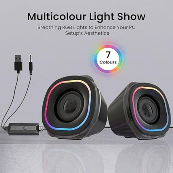 Portronics in Tune 5 12W Portable USB Powered Wired Speaker with Volume Control, 3.5mm AUX in, HD Sound, 2.0 Channel, RGB Lights Controls, Multimedia Speaker for PC, Gaming, Desktop and Laptop(Black) Portronics in Tune 5 12W Portable USB Powered Wired Speaker with Volume Control, 3.5mm AUX in, HD Sound, 2.0 Channel, RGB Lights Controls, Multimedia Speaker for PC, Gaming, Desktop and Laptop(Black)