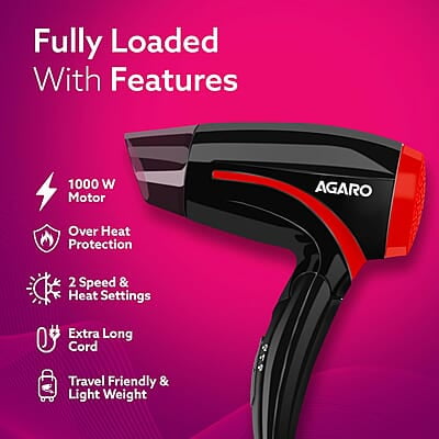 AGARO HD1177 Hair Dryer with 1000 Watts Copper Motor, 2 Speed & Temperature Settings