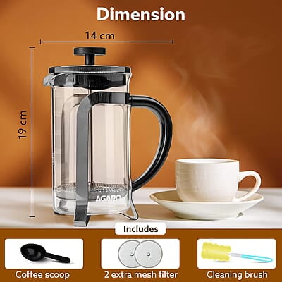 AGARO Classic French Press Coffee And Tea Maker, Borosilicate Glass Body With Sleeves, Glass Carafe, BPA Free Plastic Lid Strainer, 600Ml