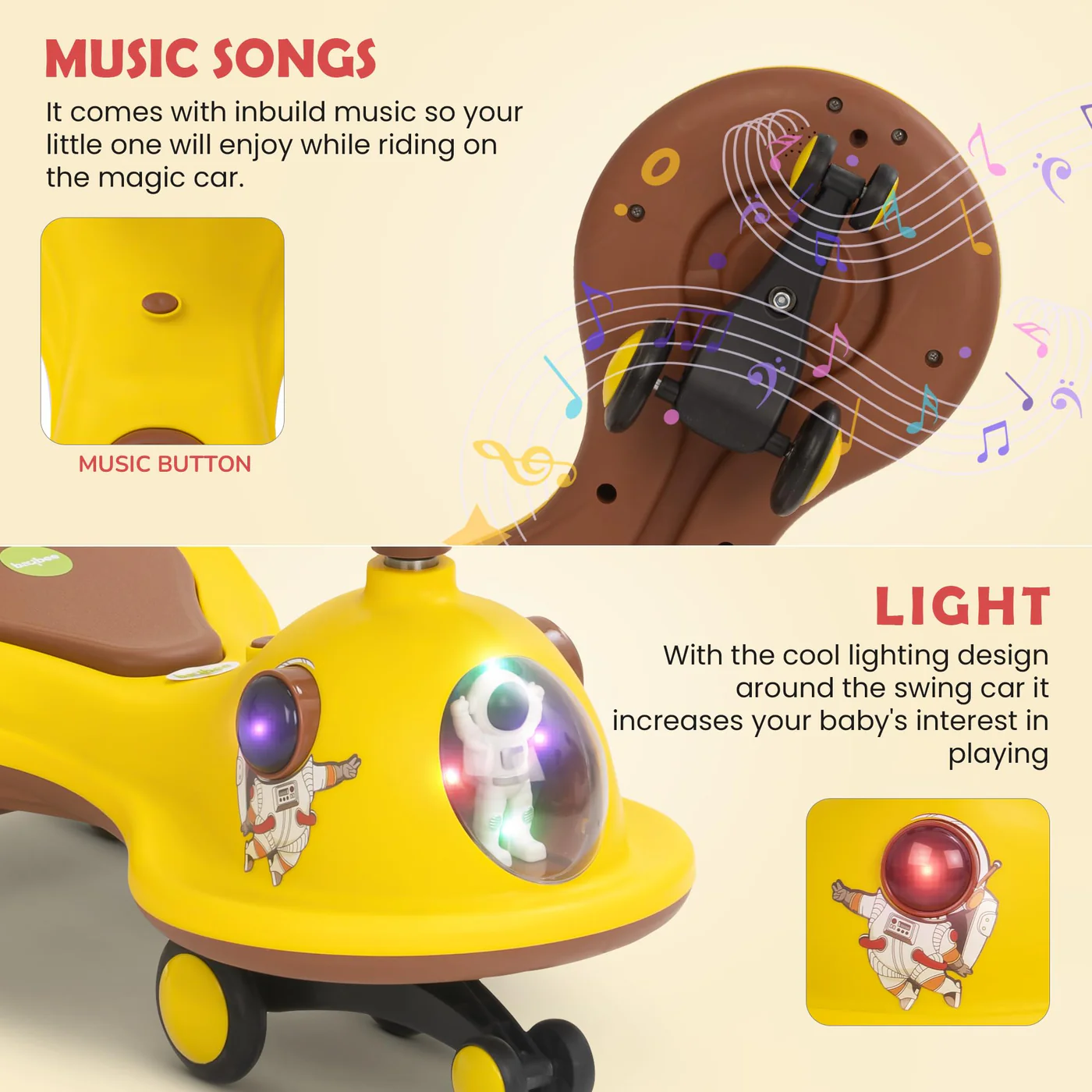Baybee Astro Baby Swing Car for Kids-Yellow/Brown