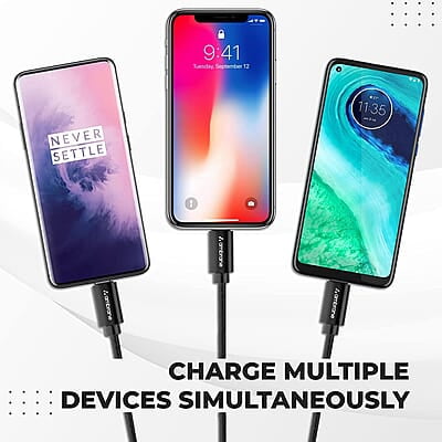 Ambrane Unbreakable 3 in 1 USB Fast Charging Cable with Type C, Lightning, Micro USB Port with 2.1 A