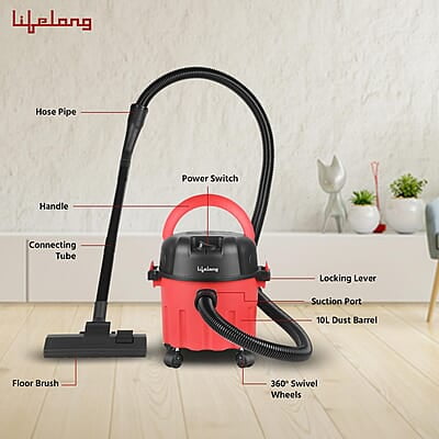Lifelong 10 litre Vacuum Cleaner for Home - 1000 W, Wet & Dry Floor Cleaner