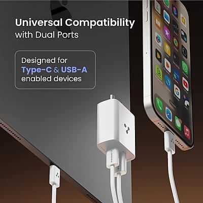 Ambrane 33W USB & Type-C Dual Port Fast Wall Charging Adapter with QC & PD Technology Compatible