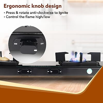 AGARO Regency 2 Burners Gas Stove, Toughened Glass Top, Brass Burners, 1 Small & 1 Medium Size Burner