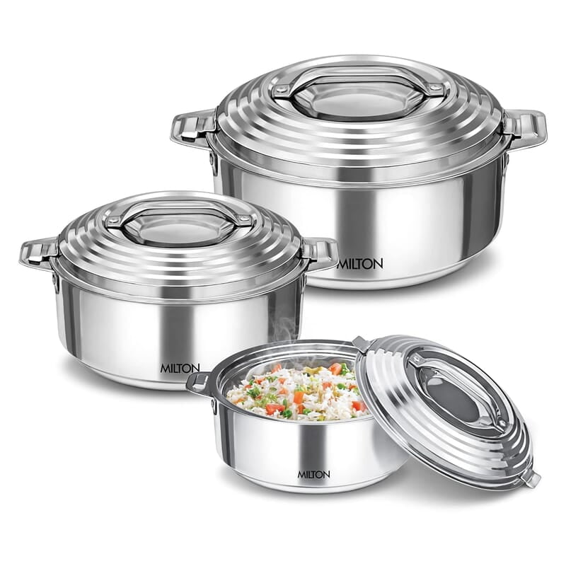 MILTON Galaxia Double Walled Stainless Steel Casserole, Set of 3, (1.2 Litre, 2.09 Litre, 2.45 Litre), Silver MILTON Galaxia Double Walled Stainless Steel Casserole, Set of 3, (1.2 Litre, 2.09 Litre, 2.45 Litre), Silver