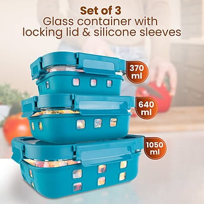 AGARO Imperial Borosilicate Glass Containers With Silicone Sleeves & With Lock Lid, 3 pcs Set, 370ml, 640ml, 1050ml Cyan.