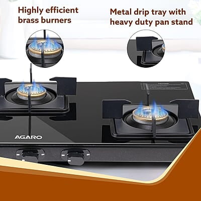 AGARO Regency 3 Burners Gas Stove, Toughened Glass Top, Brass Burners, 1 Small, 1 Medium & 1 Big Size Burner