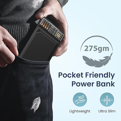 Portronics Luxcell C 10K 10000 mAh 22.5W Fast Charging Power Bank, Ultra Slim Power Bank with Mach USB-A Output, Type C PD Output, Type C Input, LED Indicator, Wake Up Button (Black) Portronics Luxcell C 10K 10000 mAh 22.5W Fast Charging Power Bank, Ultra Slim Power Bank with Mach USB-A Output, Type C PD Output, Type C Input, LED Indicator, Wake Up Button (Black)