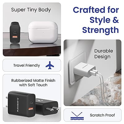 Ambrane 33W USB & Type-C Dual Port Fast Wall Charging Adapter with QC & PD Technology Compatible