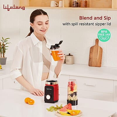 Lifelong Nutri Blender for Smoothies and Juices 500 Watts with 2 Jars - 100% Copper Motor Mixer Grinder Red