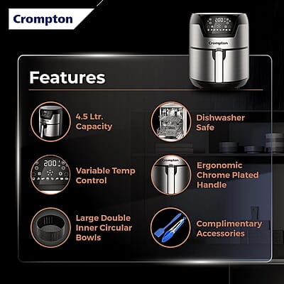 Crompton NourisPro DG 4.5 Ltr Digital Air Fryer with Quick Fry Technology 1500 Watts Double Inner Bowl for Easy Cleaning