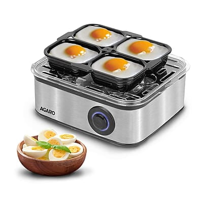 AGARO Grand Egg Boiler and Poacher,2-in1 Boils 8 Eggs, Poach 4 Eggs, Steamed Vegetables, 3 Boiling Modes, Stainless Steel Body, Transparent Lid, 500 Watts, Silver 14 ounces