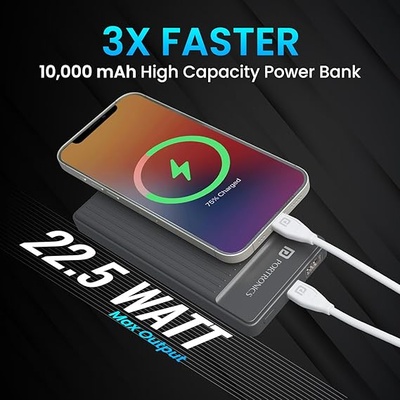 Portronics Luxcell B 10K 10000 mAh 22.5W Fast Charging Power Bank, Ultra Slim Power Bank with Mach USB-A Output, Type C PD Output, Type C Input, Wake Up Button Portronics Luxcell B 10K 10000 mAh 22.5W Fast Charging Power Bank, Ultra Slim Power Bank with Mach USB-A Output, Type C PD Output, Type C Input, Wake Up Button
