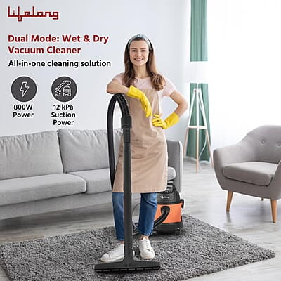Lifelong 800 W Vacuum Cleaner for Home – 6 L Tank Capacity, Wet & Dry Floor Cleaner Brush - 1.8m Hose Pipe
