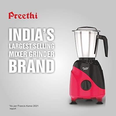 Preethi Peppy MG-245 mixer grinder, 750 watt, Black & Red, 3 jars, Vega W5 Motor with 5yr Warranty
