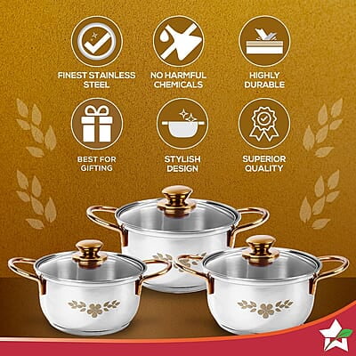 Wonderchef Gold Stanton Stainless Steel 3 piece Casserole Set with Glass Lid Set of 3 (1.6L, 2.3L, 3.1L) Wonderchef Gold Stanton Stainless Steel 3 piece Casserole Set with Glass Lid Set of 3 (1.6L, 2.3L, 3.1L)