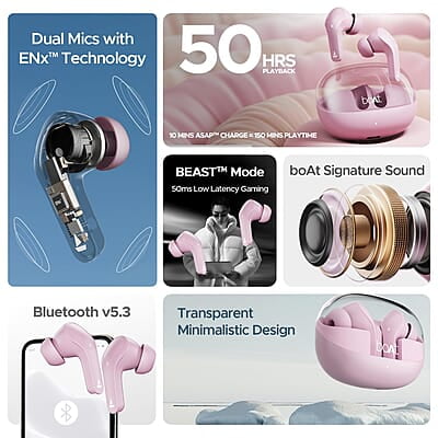 boAt Airdopes 311 Pro w/Up to 50 HRS Playtime, ASAP Charge(10min=150 Mins), Dual Mics w/ENx Tech, Transparent ID, 50 ms Low-Latency Beast Mode, IPX4 Truly Wireless in Ear Earbuds