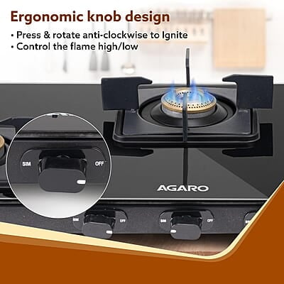 AGARO Regency 3 Burners Gas Stove, Toughened Glass Top, Brass Burners, 1 Small, 1 Medium & 1 Big Size Burner