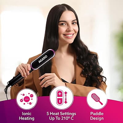 AGARO Hair Straightening Brush, Hair Straightening Comb For Women, Fast Heating, Ionic Care, 5 Heat Settings, Hair Straightener