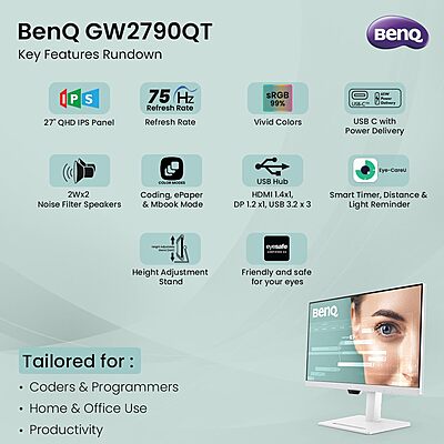 BenQ 27" 2K QHD USB-C Ergo Eye-Care Monitor, GW2790QT BenQ 27" 2K QHD USB-C Ergo Eye-Care Monitor, GW2790QT