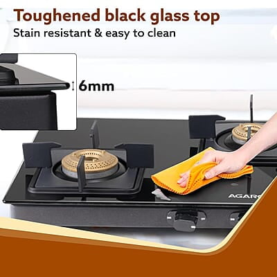 AGARO Regency 3 Burners Gas Stove, Toughened Glass Top, Brass Burners, 1 Small, 1 Medium & 1 Big Size Burner