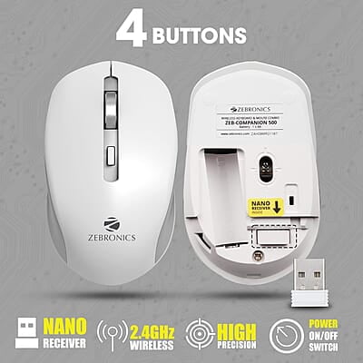 Zebronics Companion 500 Wireless Keyboard and Mouse White