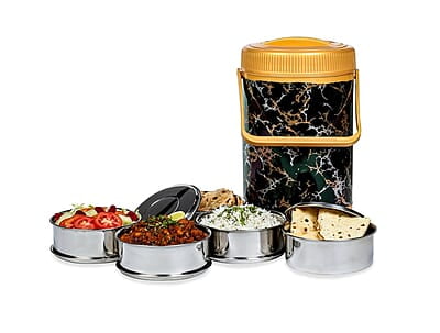 Varmora Jumbo Cosmic Lunch, Set of 5 Containers (700 ml Each) Stainless Steel- Insulated Lunch Box- Gold